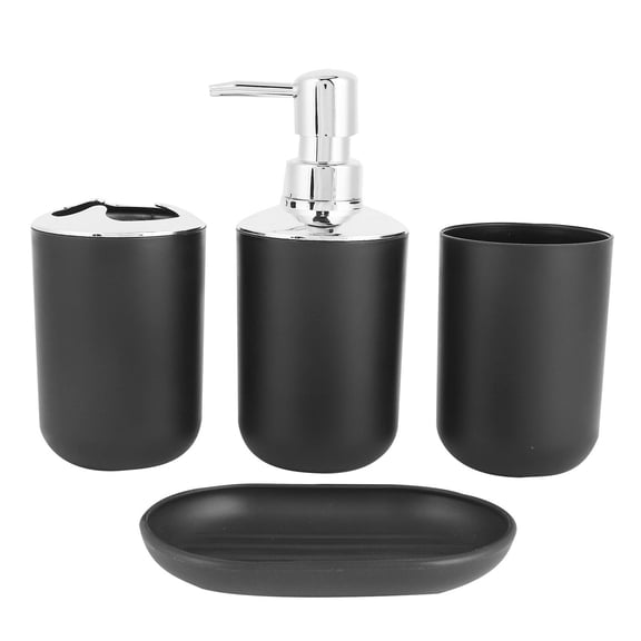 BIMZUC 4-Piece Bathroom Set Soap Dish, Lotion Bottle, Wash Cup & Storage Cup Sleek Black Plastic Accessories