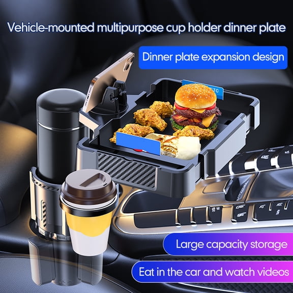 BIMZUC 4-in-1 Adjustable Car Cup Holder Tray Expander, Multifunctional Dual Drink & Phone Organizer, Black (8.58 x 5.51 x 8.07 inches / 21.8 x 14 x 20.5 cm)