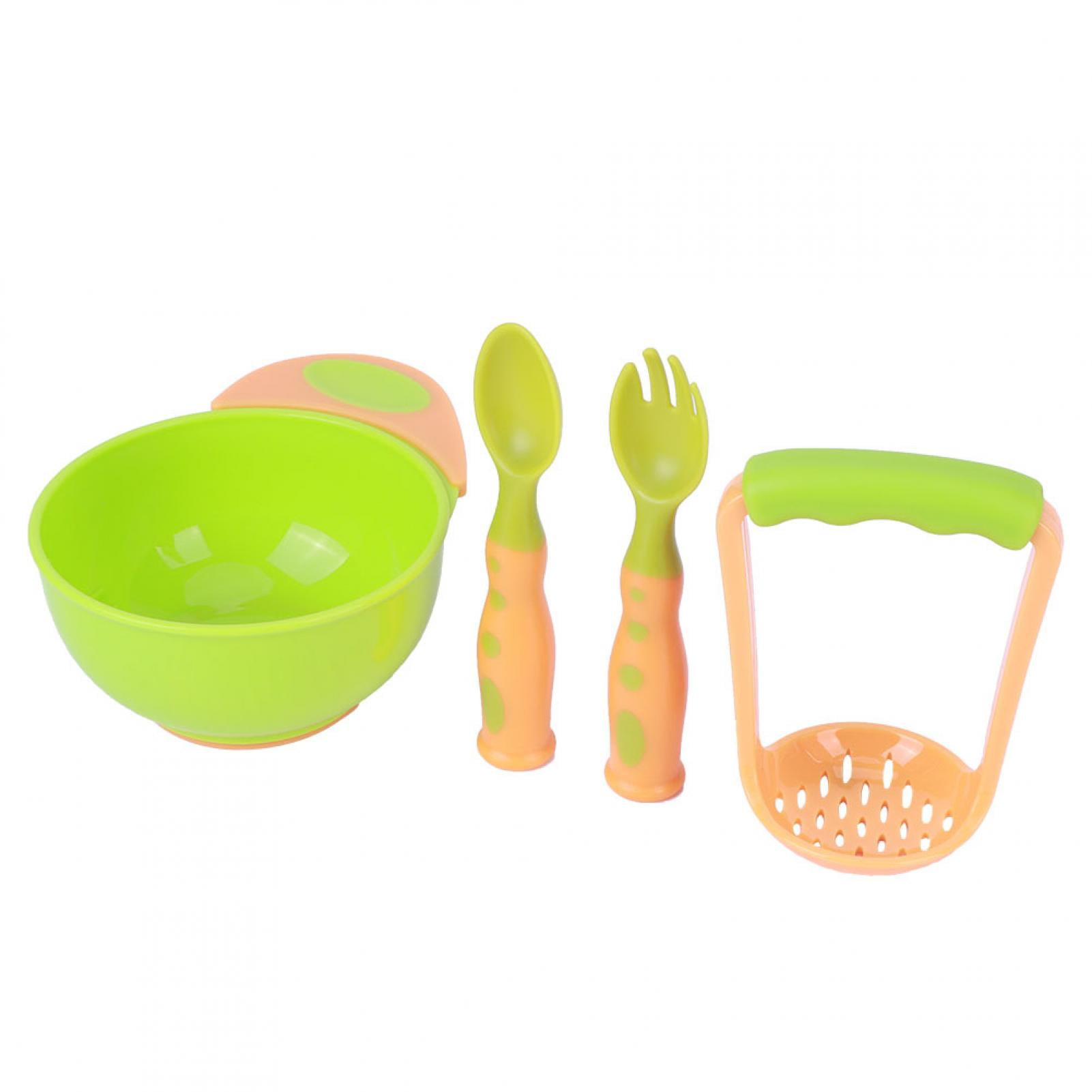 BIMZUC 4pcs Baby Food Masher Mash Serve Freshfood Bowl Infant Feeding Suction Spoons Set, Orange and Green