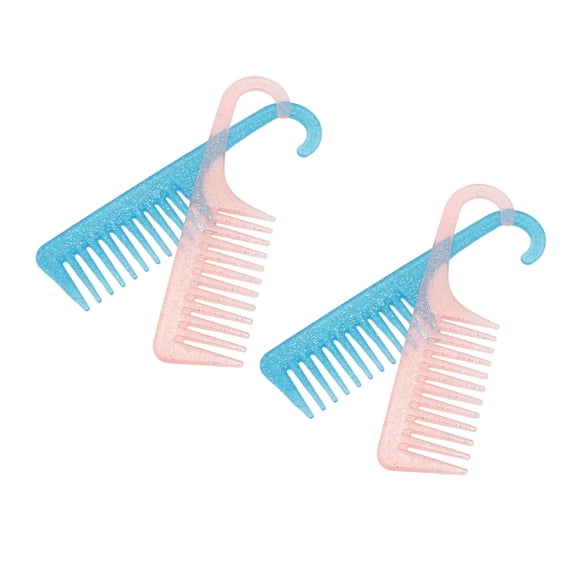 BIMZUC 4pcs Wide Tooth Comb with Hook Rounded Handle Detangling Comb Pink Blue Transparency