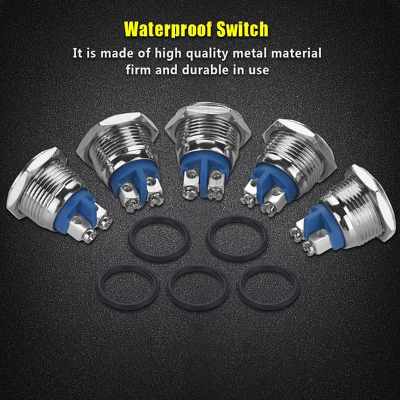 BIMZUC 5 Pcs/set 16mm 250V 2A Metal Waterproof 2Pin Mini Push Button Switch, Flat Head