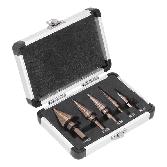 BIMZUC 5-Piece Inch Step Drill Bit Set, Titanium-Coated High Speed Steel Tools, Multiple Sizes with Aluminum Storage Box, 6.3 inches / 16.0 cm