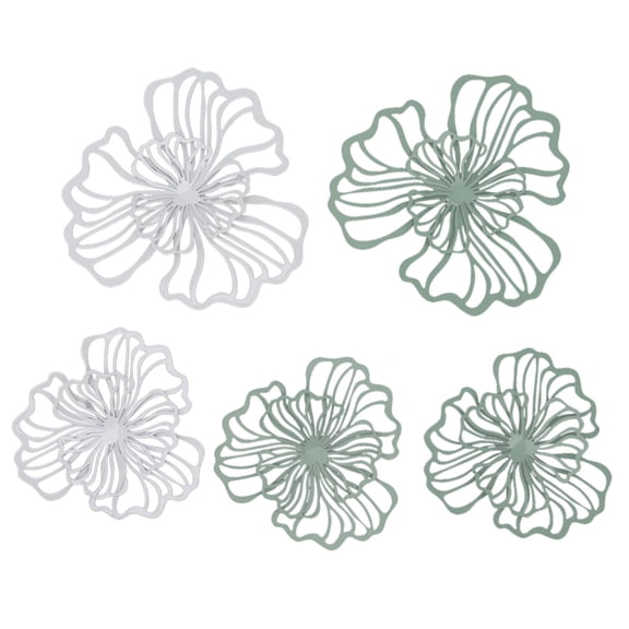 BIMZUC 5Piece Metal Flower Wall Art DoubleLayer Hollow Iron Decor, White & Green, 7.9"W x 9.1"L x 2"H, 0.45lb