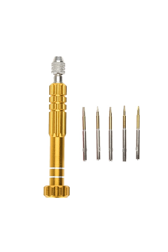 5-in-1 Precision Screwdriver Set, Watch Glasses Phone Repair Tool Kit with 5 Bits, T5 T6 Cross Slotted Pentacle, Portable Hand Tool, 5.5 inches / 14 cm, Gold Color, Ideal for Maintenance