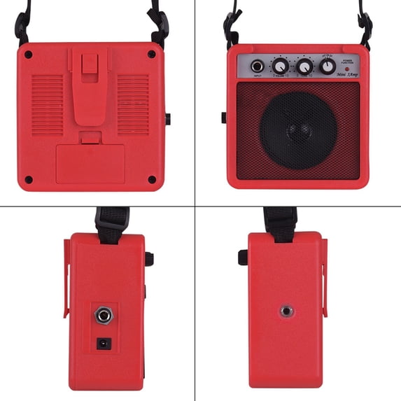 BIMZUC 5W Mini Portable Guitar Amplifier Combo, Red, Dual Power 9V Battery or DC Adapter, 1/4" & 3.5mm Inputs, Overdrive & Tone Control for Electric Acoustic Guitar, 5 inches / 12.7 cm Length