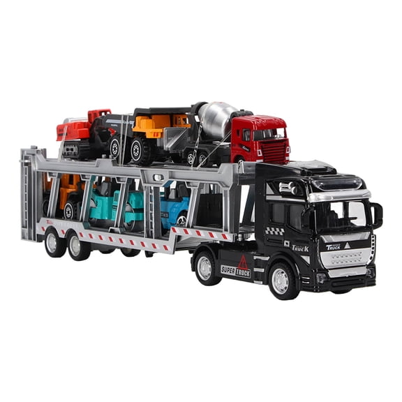 BIMZUC 7 in 1 Transport Truck Toy Alloy Pull Back Function Carrier Model with 6 Small Modern Engineering Vehicles Set Educational Play Gift for Boys and Girls 12.6 inches / 32 cm Black