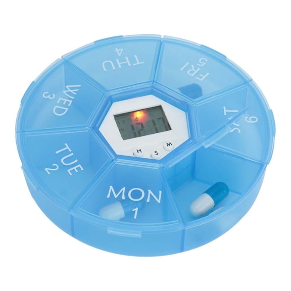 BIMZUC 7-Day Smart Electronic Pill Organizer, Round Portable Medicine Tablet Storage Box Case with Timer Reminder and Night Light Function, 7 Compartments, Blue