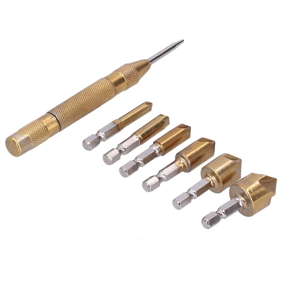 BIMZUC 7-Piece Chamfer Drill Bit Set 1/4 Inch Hex Shank 5 Flute Countersink Hole Opener with Positioning Punch for Woodworking