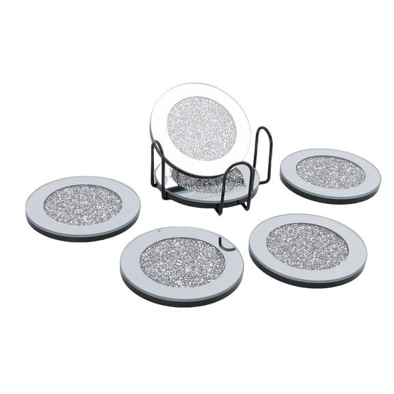 BIMZUC 7-Piece Glass Mirrored Coasters Set with Holder Sparkling Round Drink Coasters for Coffee Table Kitchen Bar, Crystal Shatter-Proof Cup Coasters Tabletop Protective Silver (4 x 4 in / 10.2 cm)