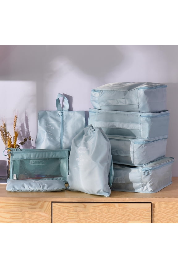 8‑Piece Travel Organizer Set – 3‑Size Clothing Bags, Bra, Wash, Shoe & Flat Pockets, Durable Nylon, Ideal for Backpacking, Gym, Beach & Luggage