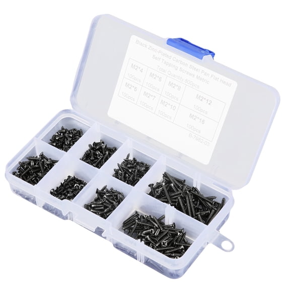 BIMZUC 800pcs M2 Black Carbon Steel Countersunk Flat Cross Head Self Tapping Screws Set Assortment Kit
