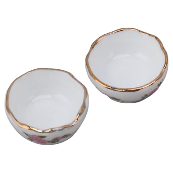 BIMZUC 8Pcs Dollhouse Miniature Ceramic Small Bowl Plate Dish Set for 1/12 Scale Decoration, Floral Pattern with Gold Edge (0.8 inch / 2cm)