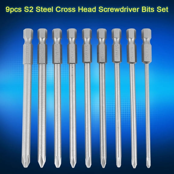 BIMZUC 9pcs S2 Steel Cross Head PH1 PH2 Screwdriver Bits Set, 1/4 Inch Hex Shank, 100mm / 3.94 in Length
