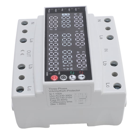 BIMZUC Adjustable Voltage Protector 100A 3 Phase Multifunctional Relay, Over Under Voltage Current Frequency Power Protective Device with LCD Display, 230V DIN Rail Mount, 5.9 x 5.5 in / 15 x 14 cm
