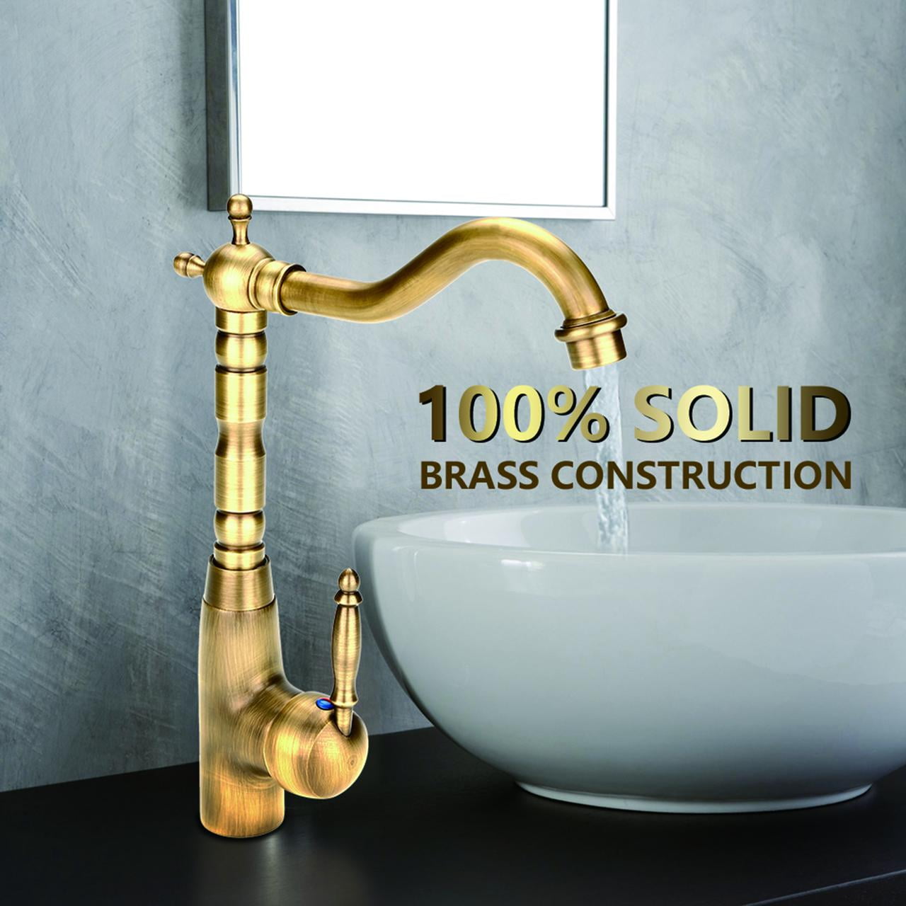 BIMZUC Antique Retro Style Solid Brass Bathroom Basin Sink Faucet Single Handle Hot and Cold Mixer Tap Yellow Bronze Finish (11.81 x 9.06 inches / 30 x 23 cm)