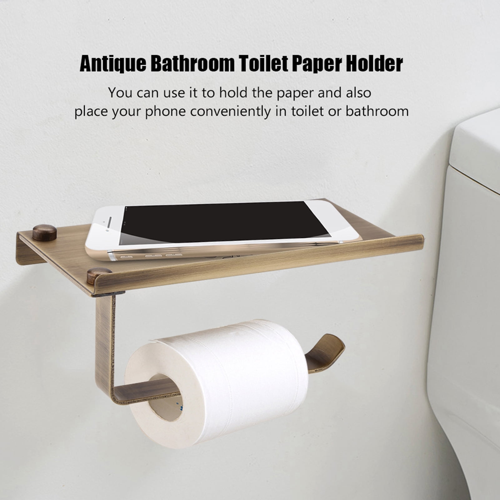 BIMZUC Antique Vintage Brass Toilet Bathroom Paper Holder Wall Mounted Tissue Dispenser with Phone Storage Shelf Home Bathroom Organization Accessories Bronze Color