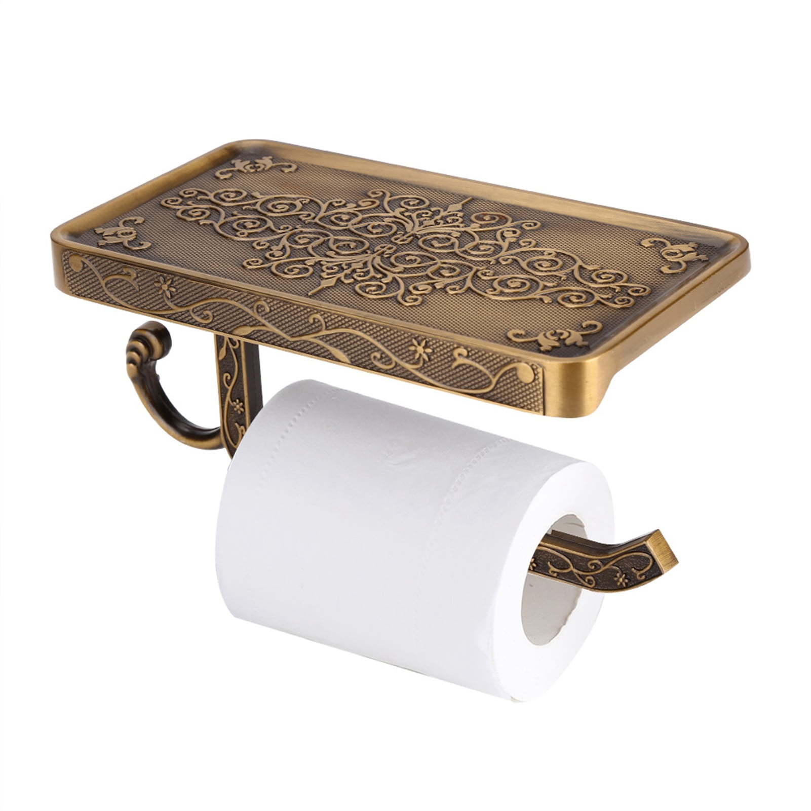 BIMZUC Antique Vintage Brass Toilet Paper Holder with Phone Shelf, Wall Mounted Bathroom Tissue Dispenser, Rustproof Decorative Rack for Washroom, Antique Color, 7.2 inches / 18.3 cm