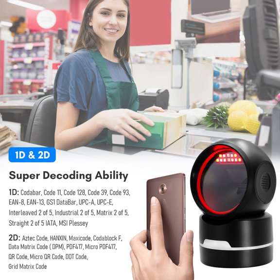 BIMZUC BISOFICE 1D 2D QR Desktop Wired Barcode Scanner Platform Hands-Free Automatic Sense Reader USB Port Plug&Play Compatible with Window Android System Image CMOS Sensor