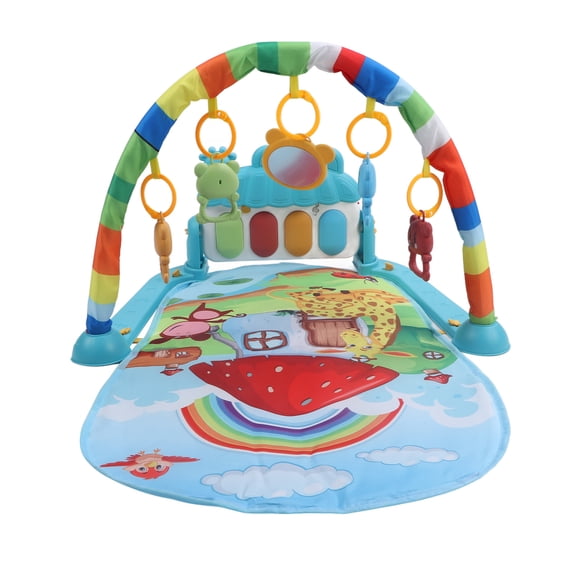 BIMZUC Baby Gym Play Mat Learning Sensory Sound Infant Kick Play Piano Mat Toy for Newborns Mushroom Animal Pattern Tummy Time Activity Center with Hanging Toys Portable Design 17.32 inches / 44 cm