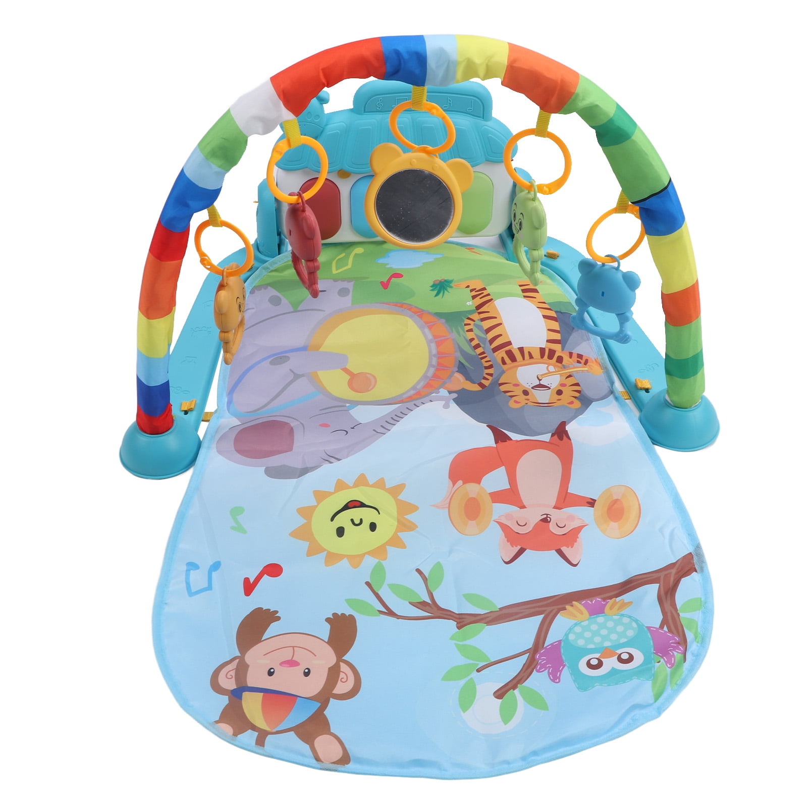 BIMZUC Baby Gyms Play Mat Infant Activity Play Piano Tummy Time Mat with Hanging Rattles Monkey and Owl Pattern, Multicolor