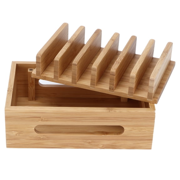 BIMZUC Bamboo Wood Cell Phone Dock Portable Tablet Computer Organizer Storage Box For Home Office Desk Accessory Storage Bracket Holder Natural Wood Finish