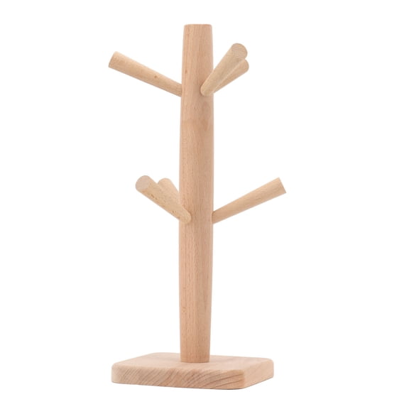 BIMZUC Beech Wood Coffee Cup Holder & Mug Tree - 12.2 inches / 31 cm Height Desktop Tea Cup Storage Rack with 6 Hooks for Kitchen Countertop Organization