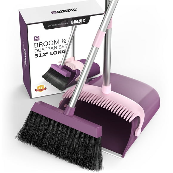 BIMZUC Broom and Dustpan Set for Home, 51" Long Handle Dustpan & Broom w/Comb, Purple Cleaning Kit