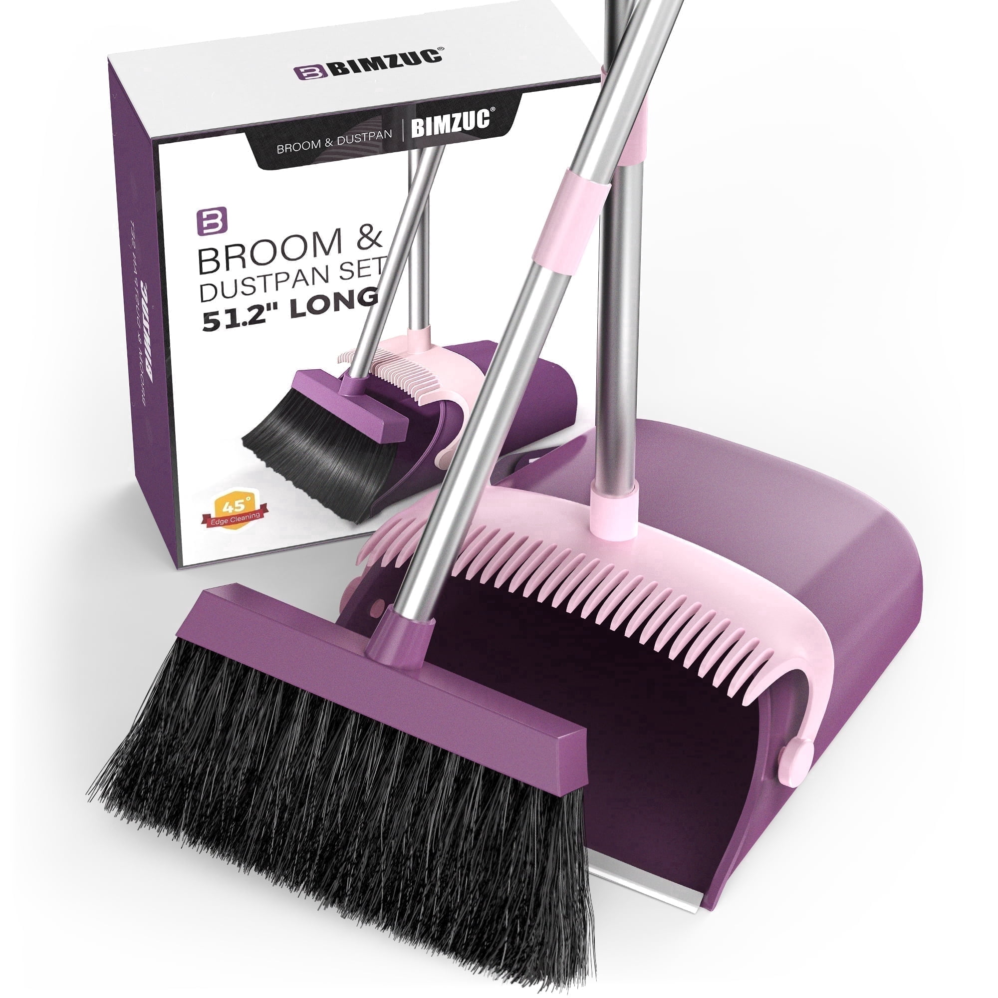 FVSA Broom and Dustpan Set for Home, 51" Long Handle Dustpan and Broom W/Comb, Purple Cleaning Kit