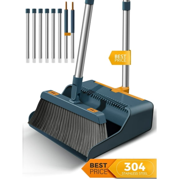 BIMZUC Broom and Dustpan Combo Set, Self-Cleaning with Dustpan Teeth, Stand up, Extendable to 50.4", Blue