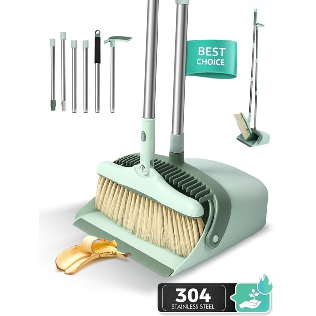 FVSA Broom and Dustpan Set, Indoor or Outdoor Broom and Dust Pan Combo, 53.15" Dust Pan for Adults(Cyan)