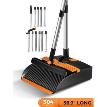 BIMZUC Broom and Dustpan Set for Home, Steel Dustpan with 56.9" Long Handle Broom Combo for Kitchen