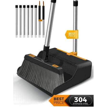 BIMZUC Broom and Dustpan Set with 50.4" Long Handle Extension Pole Set for Home (Black+Orange)