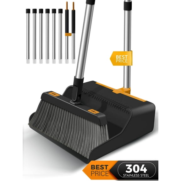 BIMZUC Broom and Dustpan Set with 50.4" Long Handle Extension Pole Set for Home (Black+Orange)