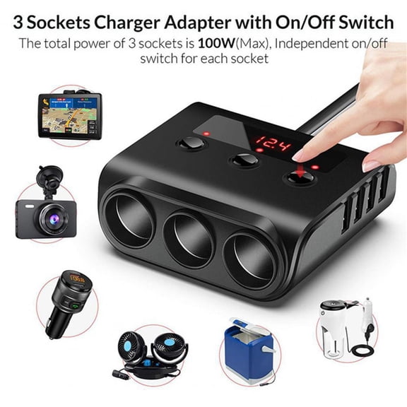BIMZUC Car Cigarette Lighter Socket 1 to 3 Splitter, 4 USB Plug Adapter with Switch Voltage Display, 120W (3.7 inches / 9.5 cm)