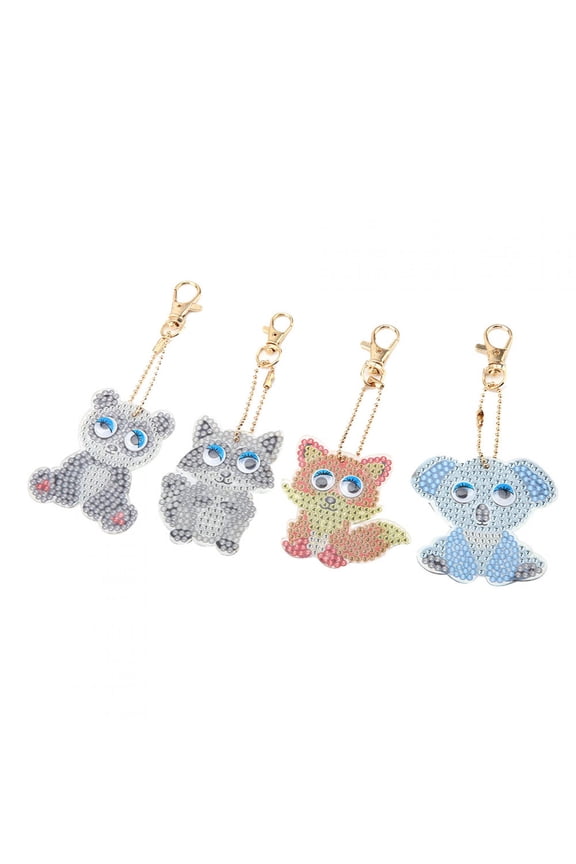 Cartoon Animal Key Chain DIY Decoration Resin Drill Diamond Painting Keyring Gift Decor Kit, Includes 4 Templates (Fox, Panda, Koala, Raccoon), 7.48 inches / 19 cm