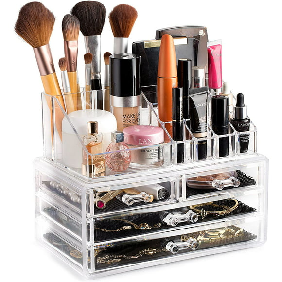 BIMZUC Clear Cosmetic Storage Organizer, Easily Organize Your Cosmetic, Jewelry and Hair Accessories, Look Elegant Sitting on Your Vanity, Bathroom Counter or Dresser, Clear Design for Easy Visibility
