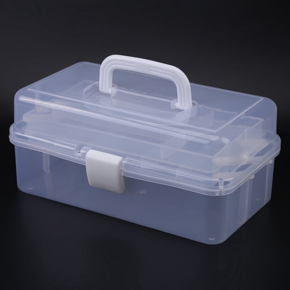 BIMZUC Clear Plastic Foldable 3 Layers Storage Box Utility Hardware Tool Organizer Container Case with Ergonomic Handle, 12.5 x 7.4 x 5.7 inches / 32 x 19 x 14.5 cm