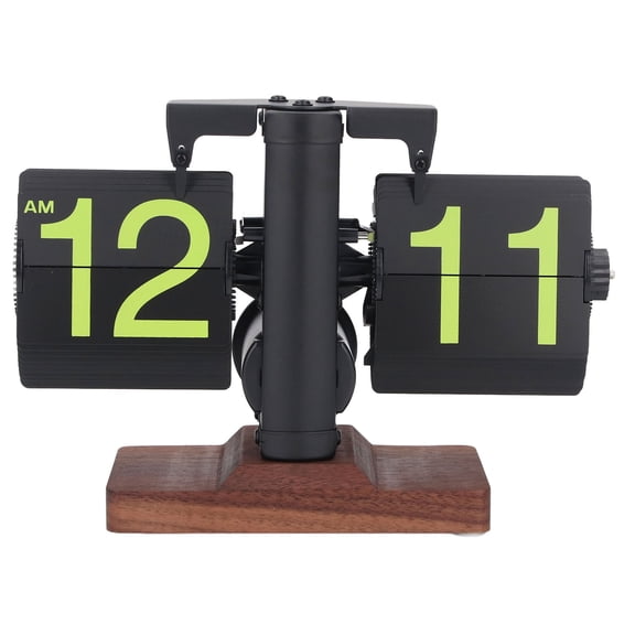 BIMZUC Digital Flip Desk Clock 12 Hours Single Sided Battery Powered Retro Mechanical Auto Flip Down Clock with Wood Base, Black Frame Black Pages Fluorescent Letters, 8.07 inches / 20.5 cm