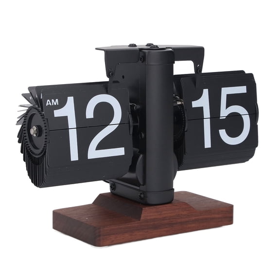 BIMZUC Digital Flip Desk Clock 12 Hours Single Sided Battery Powered Retro Mechanical Auto Flip Down Clock with Wood Base, Black Frame Black Pages White Letters, 8.07 inches / 20.5 cm