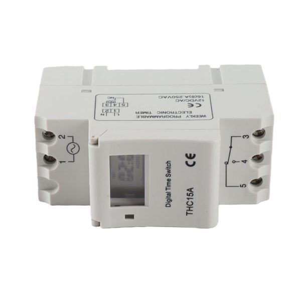 BIMZUC Digital Programmable DIN Rail Timer Switch THC15A, DC12V LCD Display Automatic Time Control Relay Switch for Power Equipment, 15A SPDT, Includes Rechargeable Battery, 3.94 in / 10 cm Length