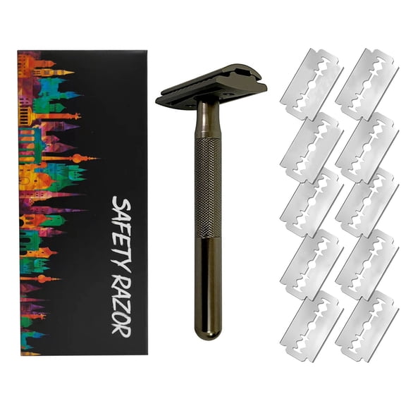 BIMZUC Double Edge Safety Razor for Men Manual Shaving Razor Vintage Design Handheld Long Handle Traditional Shaving Barber Razor Kit for Smooth Grooming Home Use with 10 Replacement Blades