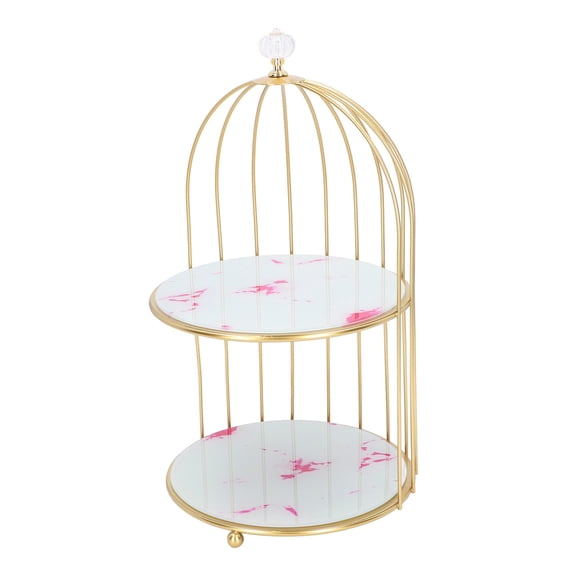 BIMZUC Double‑Layer Birdcage Bathroom Shelf – Gold Frame, Pink Stone Pattern, 8.66"×14.57"×8.27", 2‑Layer Storage for Cosmetics & Toiletries