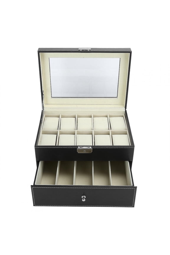 Double Layer Watch Box Organizer Display Case 5 Grid Glasses Storage Case 10 Grid Watch Box Holder with Security Lock Glass Top Black (11.41 x 8.66 x 7.48 inches / 29.0 x 22.0 x 19.0 cm)