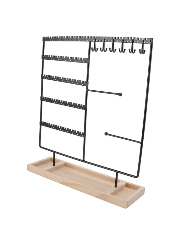 Earrings Hanger Iron 5 Tier 90 Holes Jewelry Organizer Stand with Wooden Base for Necklaces Bracelets, Black (11.8 inches / 30 cm)