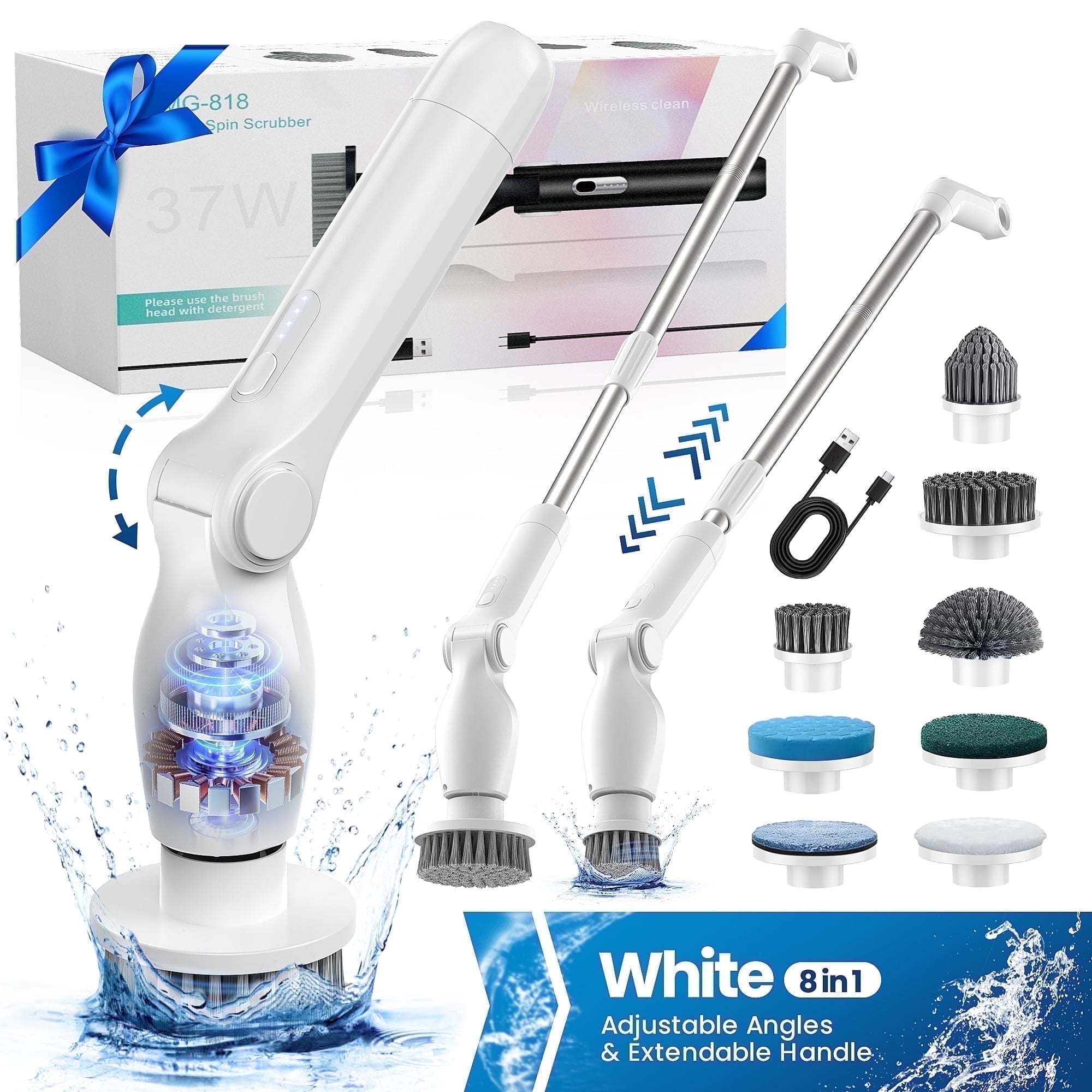 BIMZUC Electric Spin Scrubber, Cordless Cleaning Brush,8 Replaceable Heads, 4 Adjustable Angles, Remote Switch, White