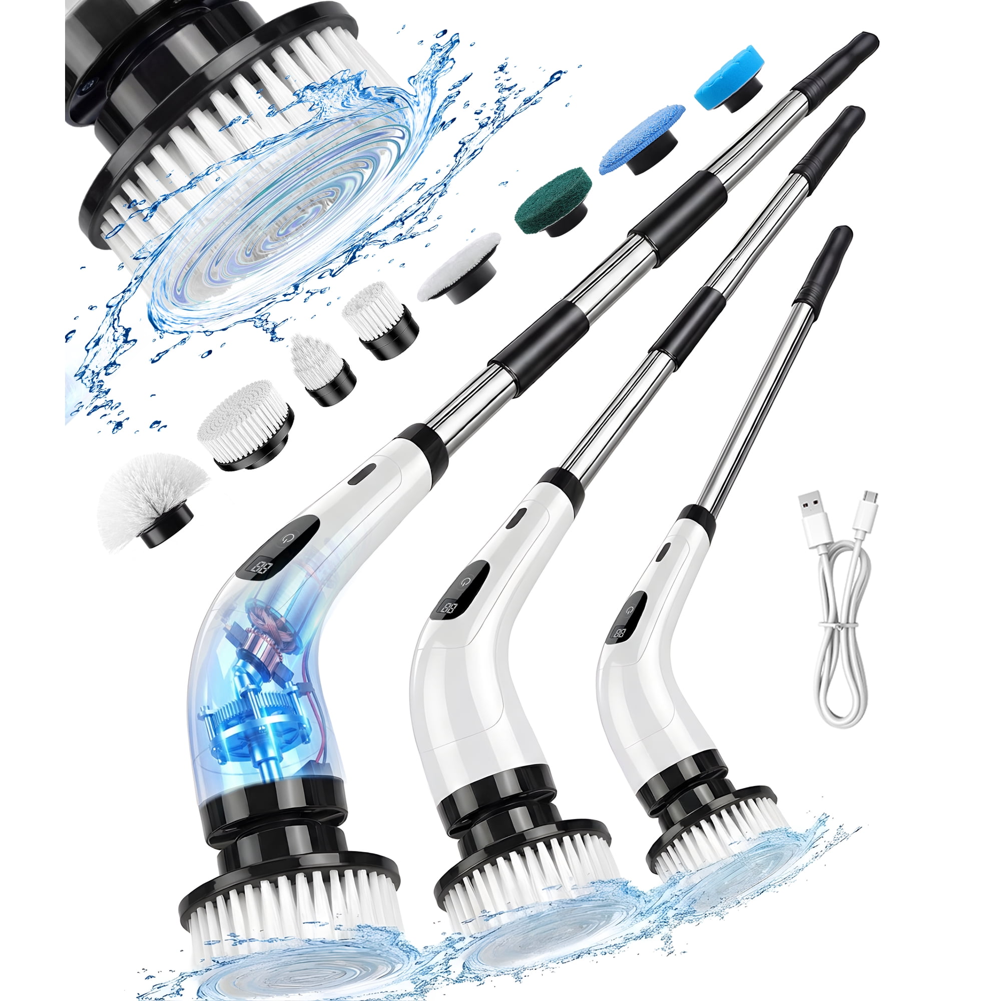 Electric Spin Scrubber, Cordless Cleaning Brush, 8 Replaceable Heads, Adjustable Handle, 400 RPM Power, for Bathroom, Kitchen, Floors, White