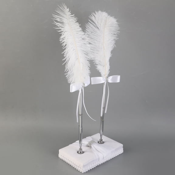 BIMZUC Elegant Wedding Signature Pen Set with Silver Holder Stand, Romantic White Satin Guest Book Signing Pens for Reception, Anniversary & Event Decor, 15.35 inches / 39 cm Length
