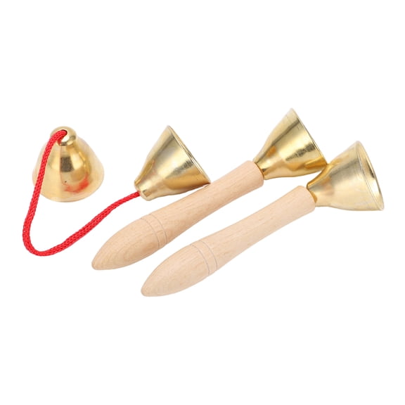 BIMZUC Hand Percussion Bell Set Clangorous Clear Sound Aluminum Hanging Bell with Ergonomic Wooden Handle Vintage Style Dinner Hand Bell 3-Piece Kit for School Band and Wedding Events