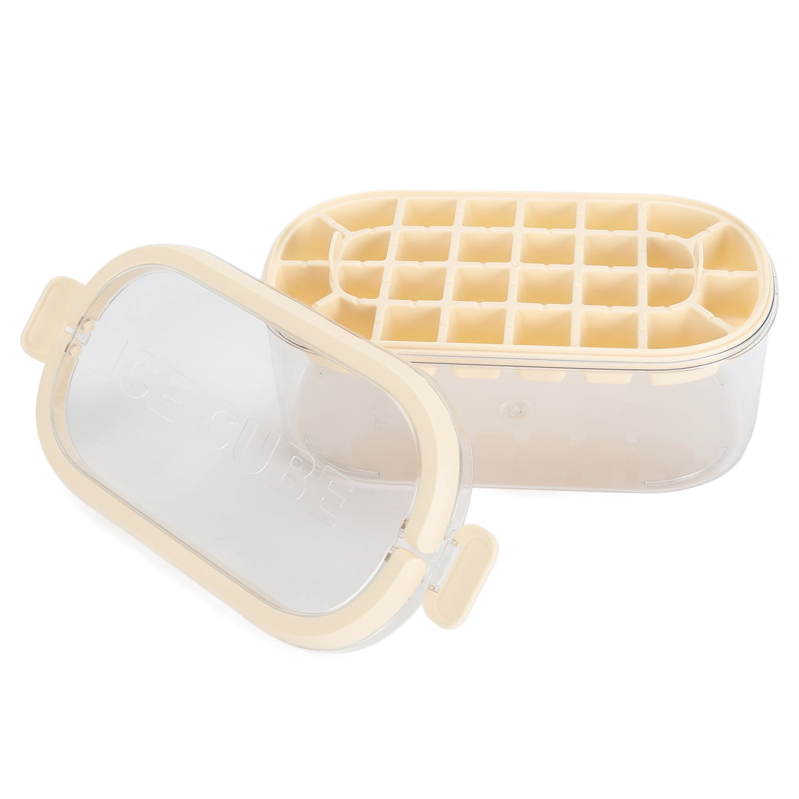 BIMZUC Ice Cube Tray with Lid Bin 2 Layer Ice Trays for Freezer with Lid Ice Scoop Make 28 Square Ice Cubes 26 Round Ice Cubes Beige (9.84 inches / 25.0 cm)