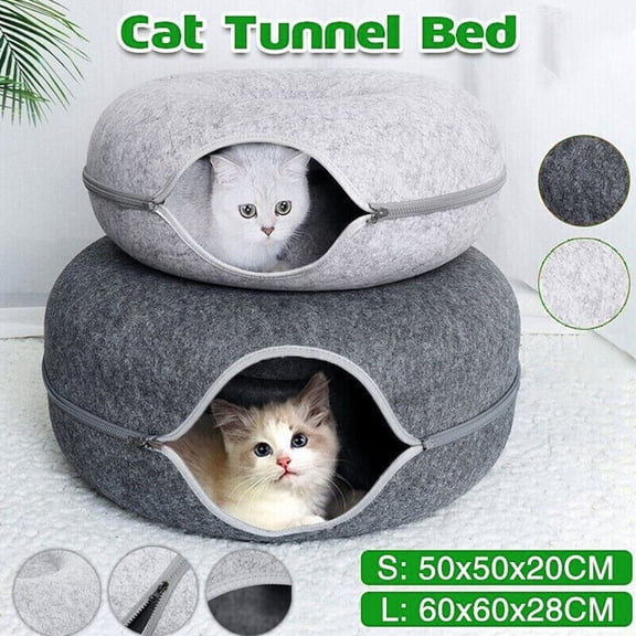 BIMZUC Indoor Cat Cave Tunnel Bed Donut Design Dual-Function Pet Furniture Scratch Resistant Felt Bedding for Rabbits Cats 19.68in / 50cm Light Gray